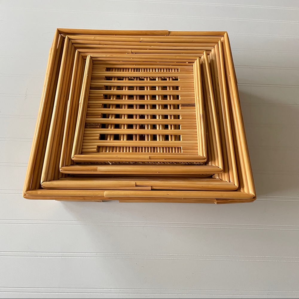 1970s Bamboo Square Stacking Baskets - Set of 4 Boho Chic Decor